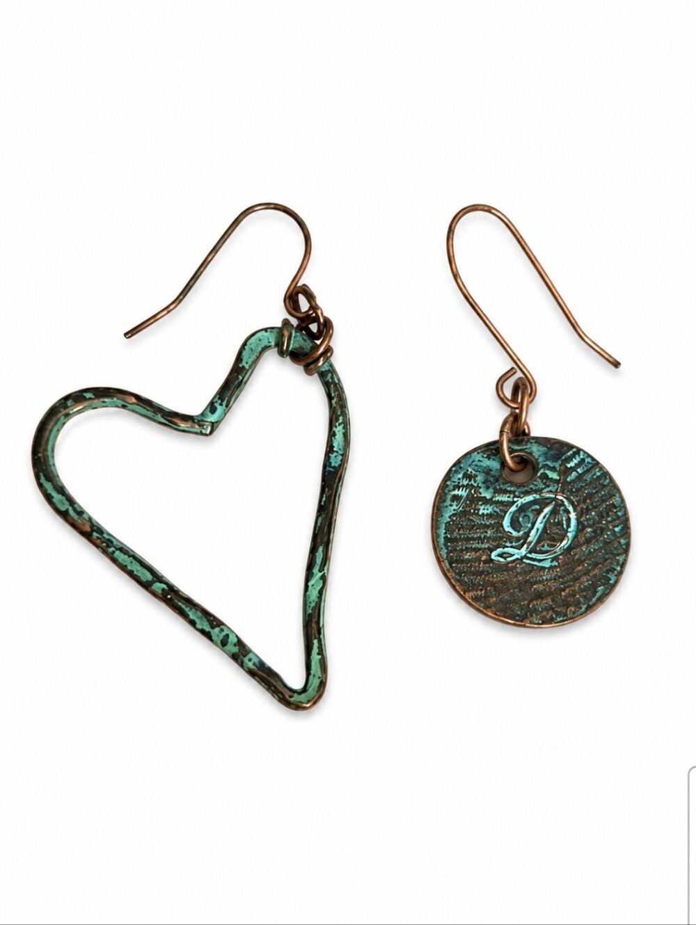 Vintage Mismatched Rustic Patina Heart and Initial D Dangle Hook Earrings